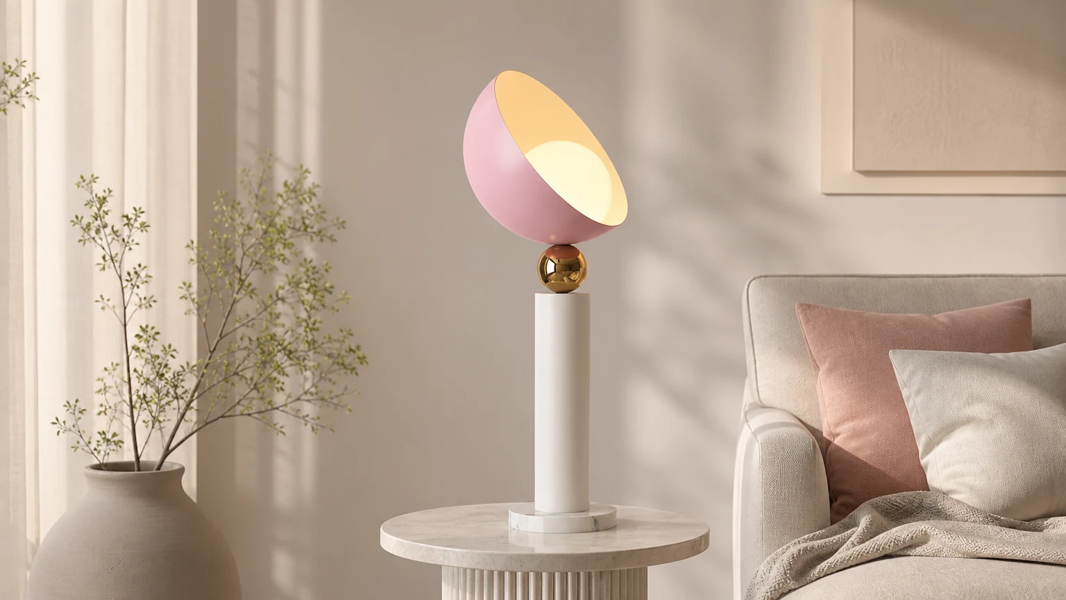 Metalowa lampa stołowa M366 w kolorze kremowym w stonowanym pomieszczeniu