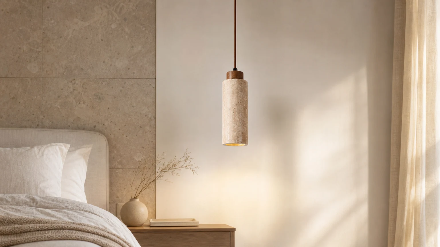 Lampa wisząca Wabi Sabi z litego drewna i kamienia G32 pokazana w ciepłej scenie wnętrza