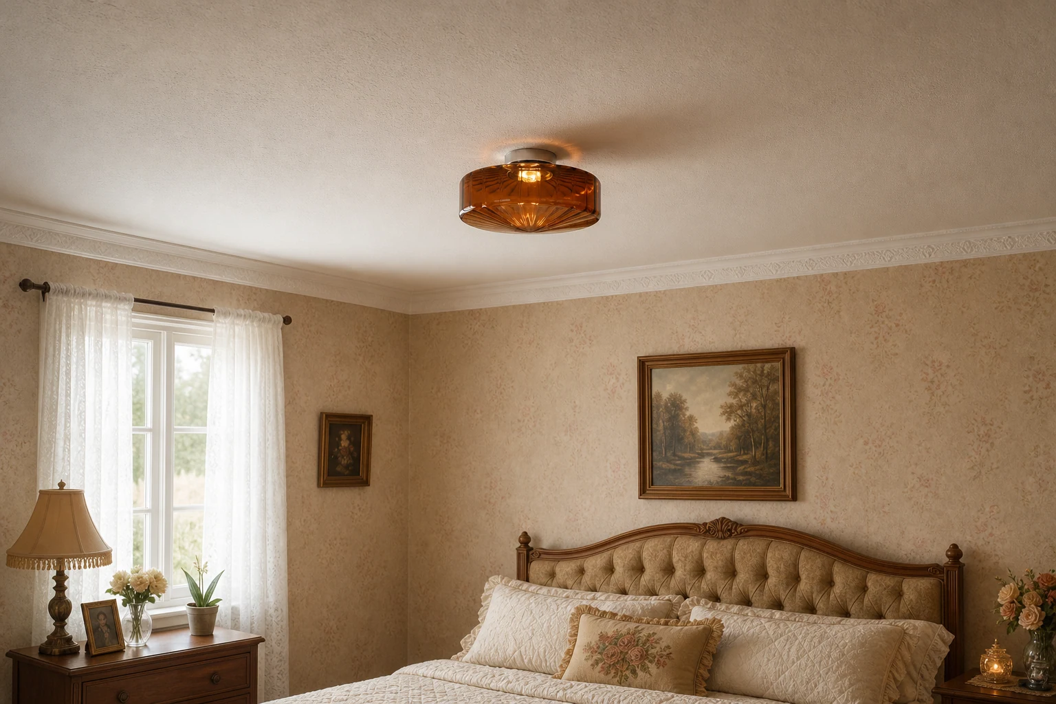 Scena d'arredo in stile lifestyle con lampada da soffitto in vetro Ripplara effetto increspature d'acqua.
