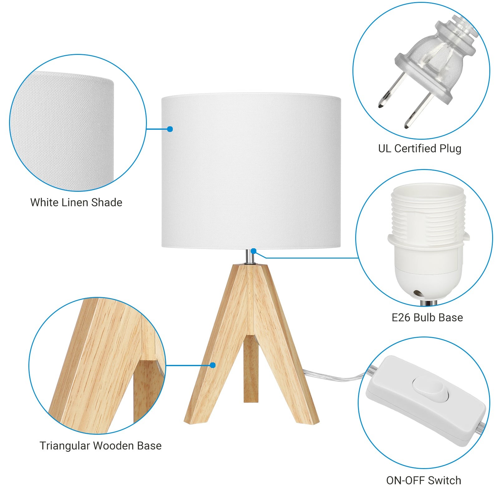 Wood Tripod Bedside Table Lamp With Grey Linen Lampshade S70