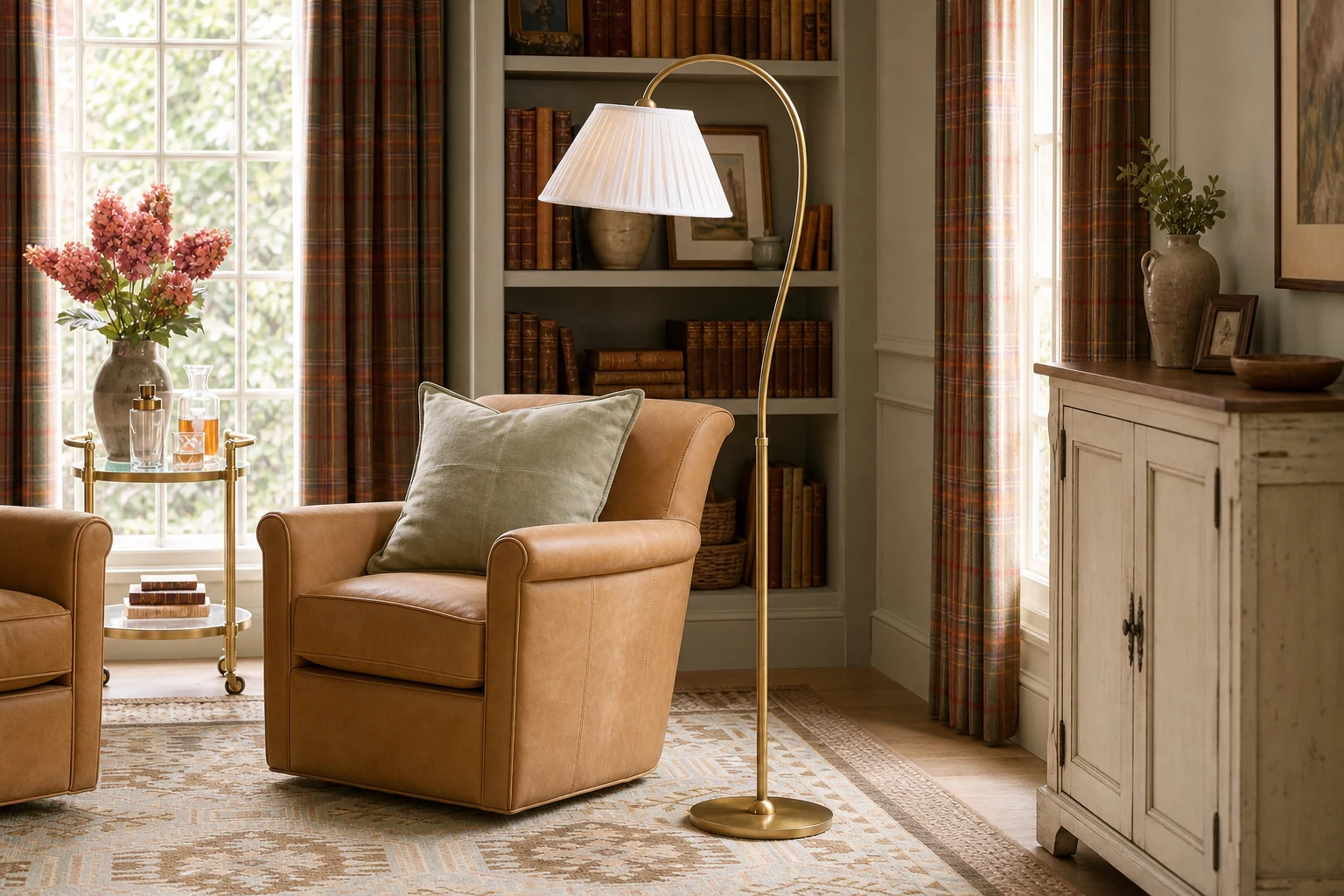 Lampadaire Luvora à abat-jour plissé dans une scène de style de vie mettant en contexte le produit.