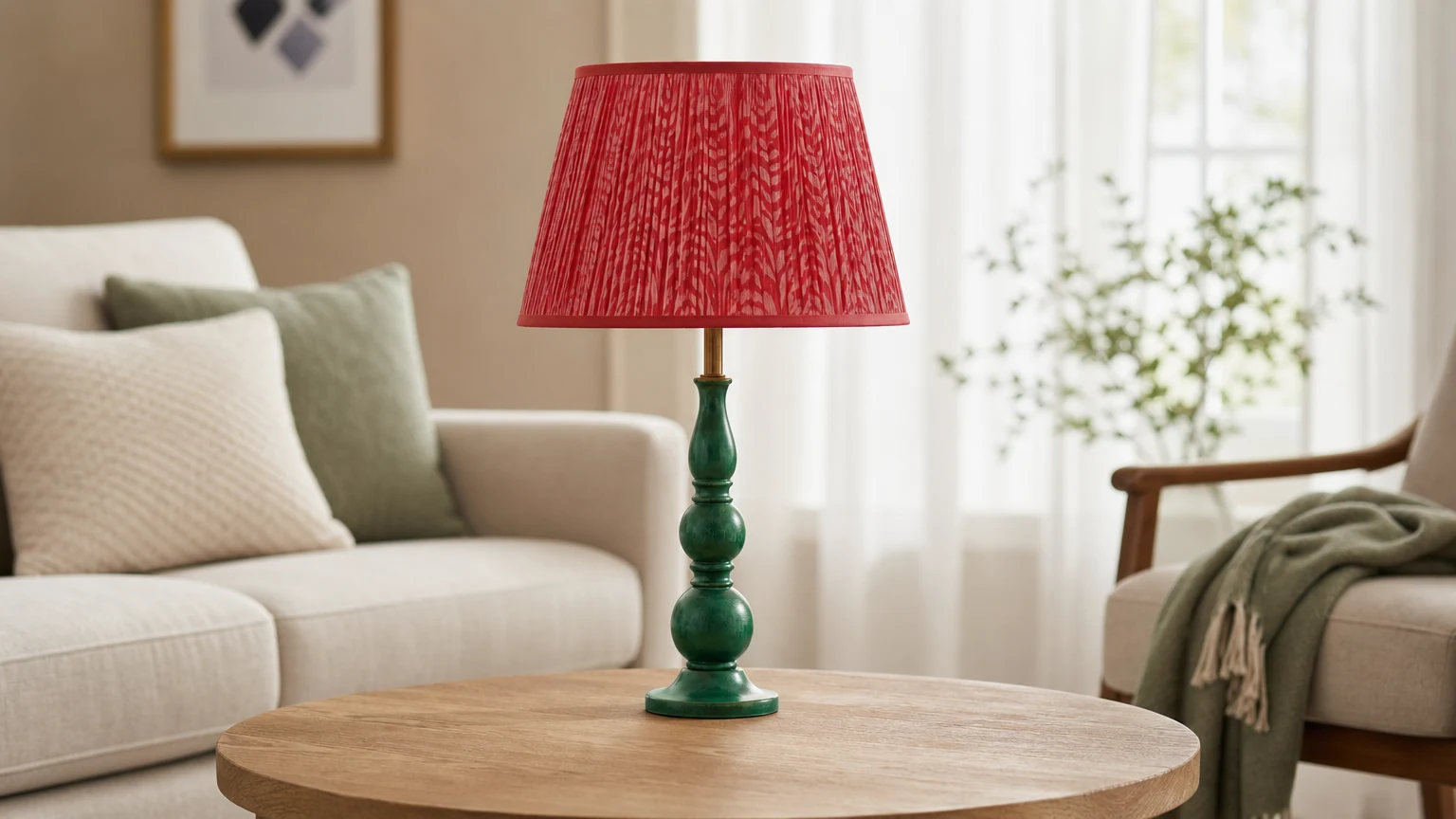 Lampa stołowa Grainora z czerwonym abażurem z tkaniny w ciepłej scenerii salonu