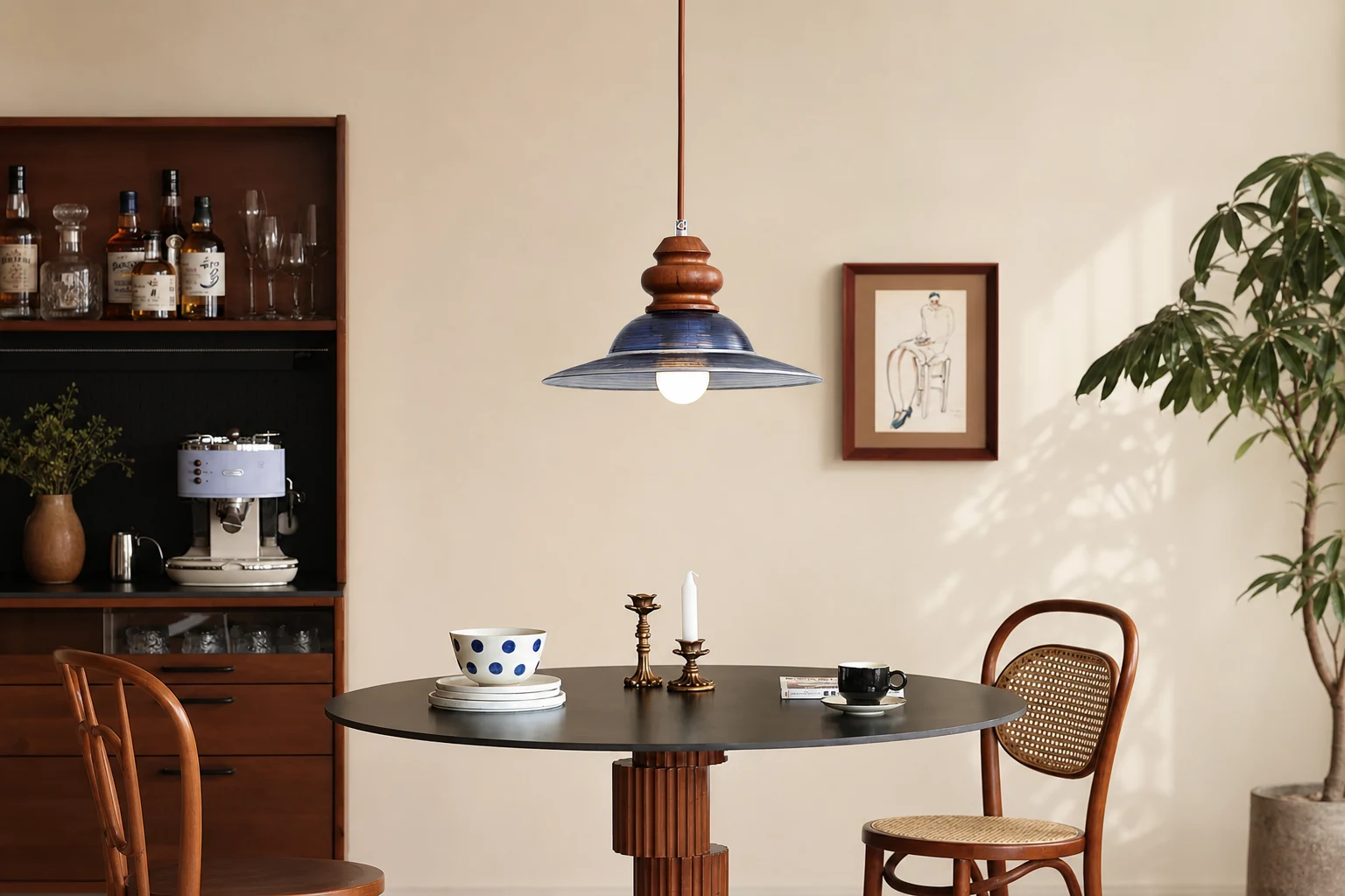 Lampa wisząca Brenna D105 scena lifestylowa z widoczną pełną lampą wiszącą