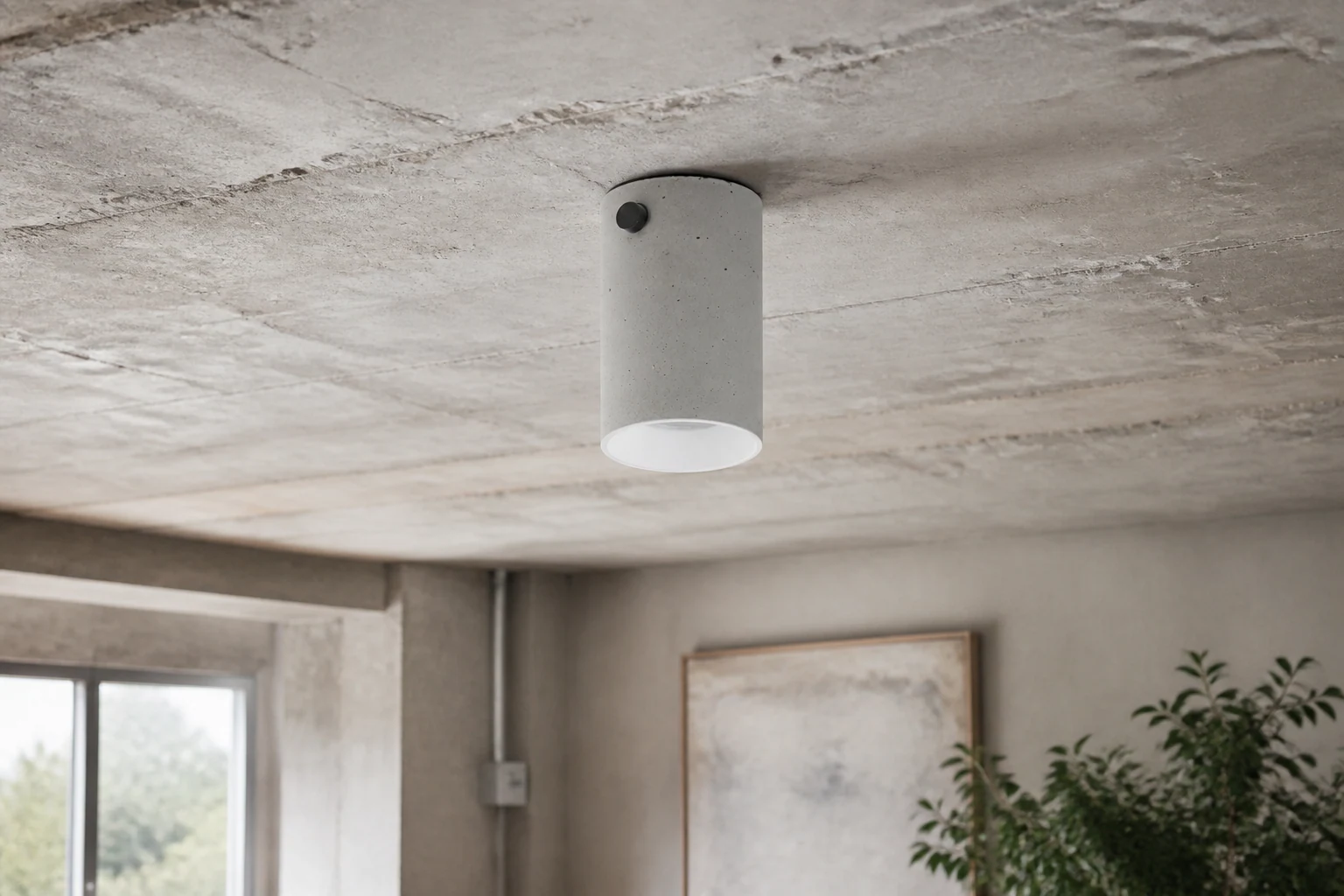 Minimalistyczna betonowa lampa sufitowa M567 pokazana w scenie lifestylowego pokoju