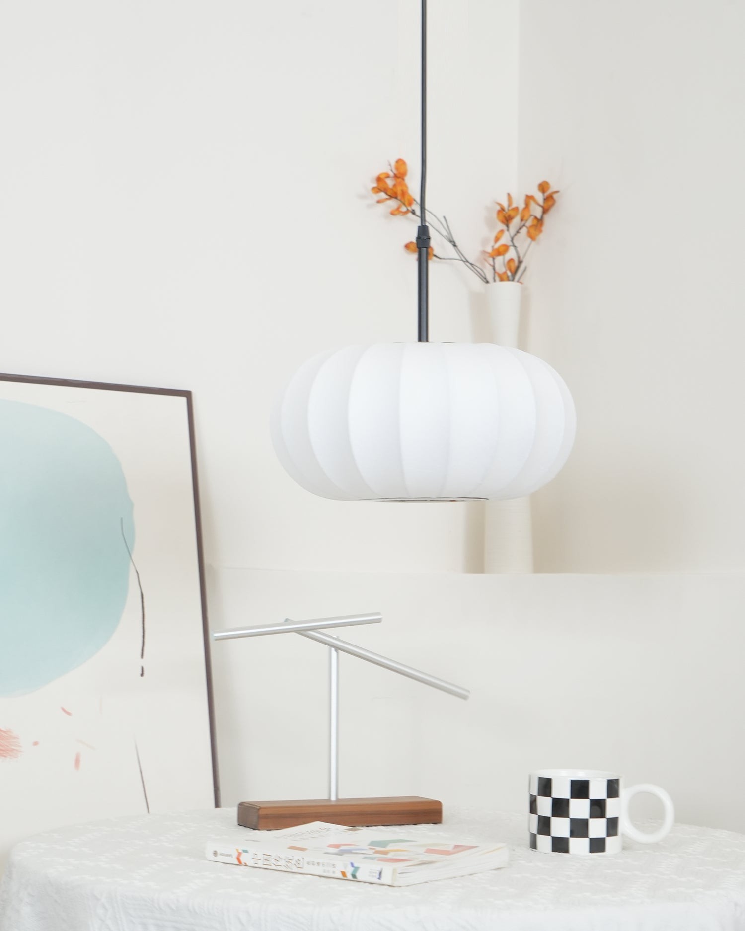 Simple Wabi-sabi White Lantern Fabric Pendant Lamp M105