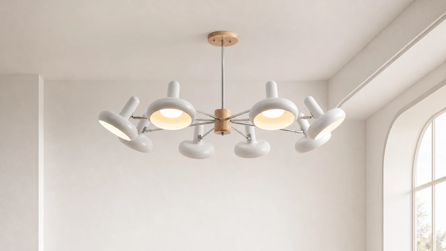 Żyrandol Nordic Trumpets M353 zainstalowany w ciepłej scenerii pomieszczenia