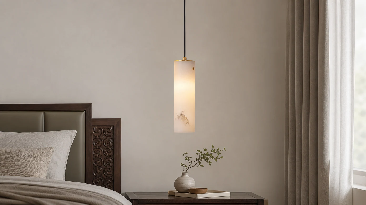 Pionowa alabastrowa lampa wisząca Nula D426 zainstalowana w ciepłym wnętrzu