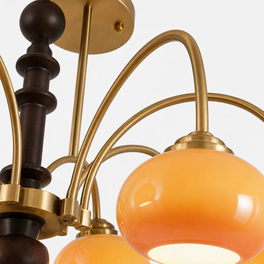 Zbliżenie na materiały i wykończenie żyrandola Vintage Bauhaus Persimmon