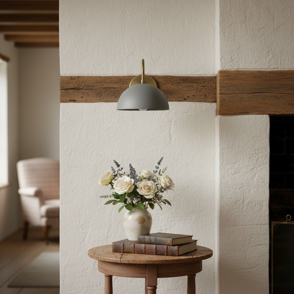 Curva Metal Industrial Wall Sconce - Curved Brass Arm - Hammered Dome Light Fixture T408