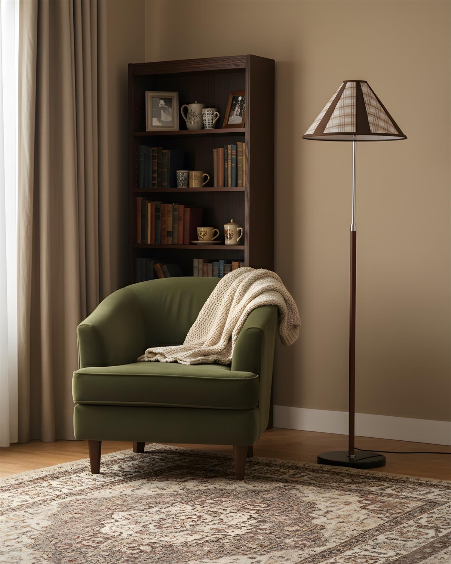 Lampa podłogowa Hearthline obok fotela