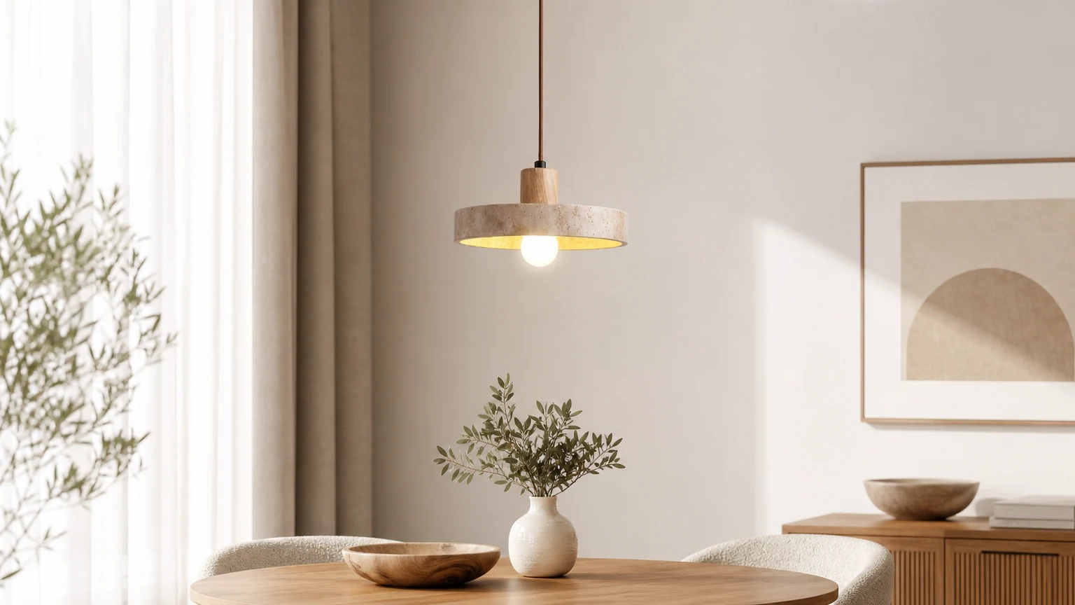 Trawertynowa lampa wisząca Star's Radiance D855 zainstalowana w ciepłym wnętrzu
