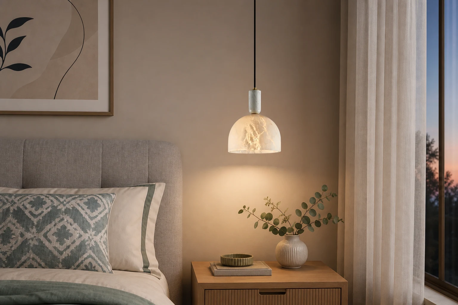Lampa wisząca Blair Alabaster we wnętrzu lifestylowym