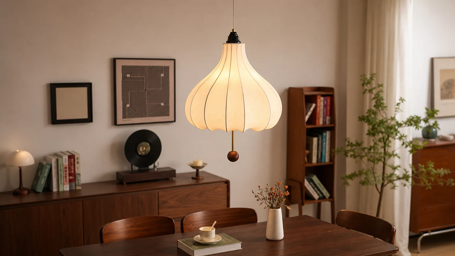 Pozioma scena pomieszczenia z lampą wiszącą z tkaniny retro w kolorze kasztanowym