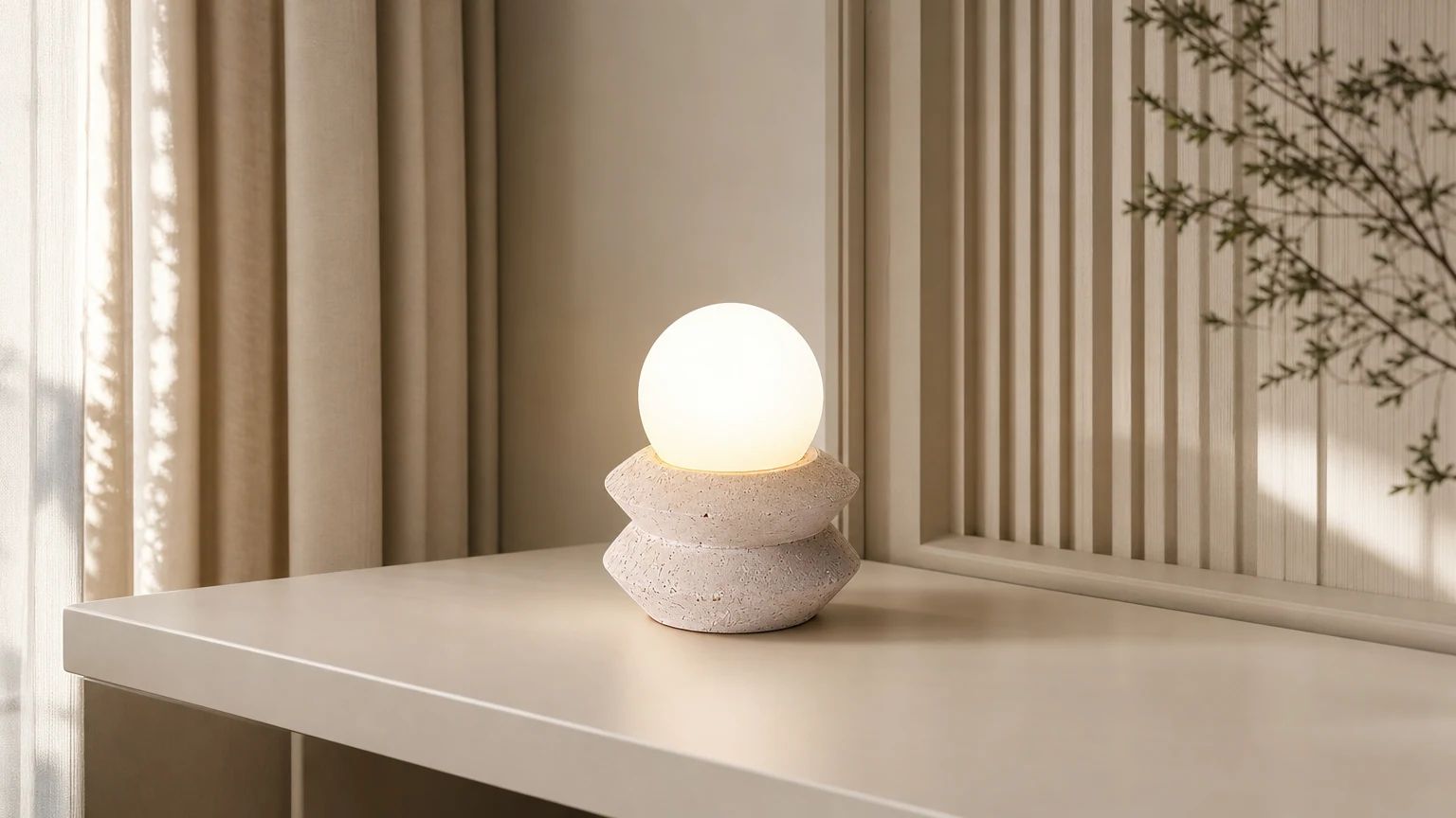 Lampa stołowa Fin Travertine w ciepłej scenerii wnętrza