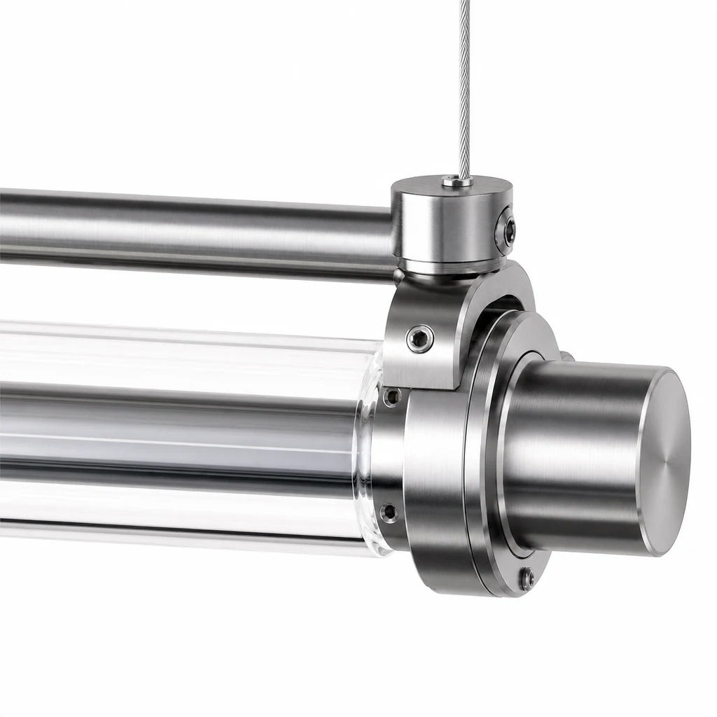 Dokładny szczegół wykończenia lampy wiszącej z aluminiowej rurki