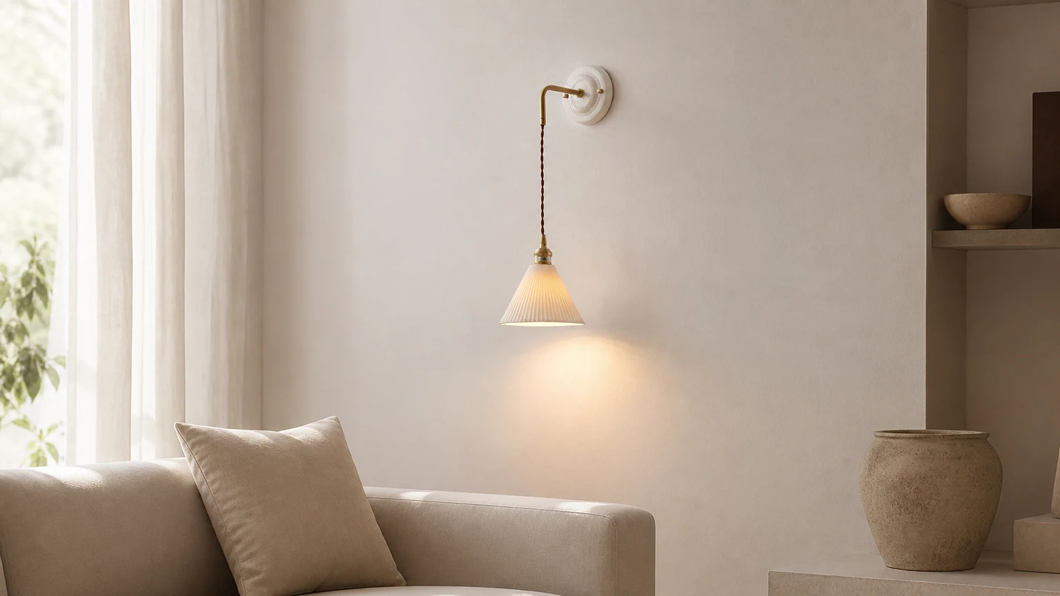 Elegancki ceramiczny kinkiet ścienny oświetlony w ciepłym, nowoczesnym pomieszczeniu