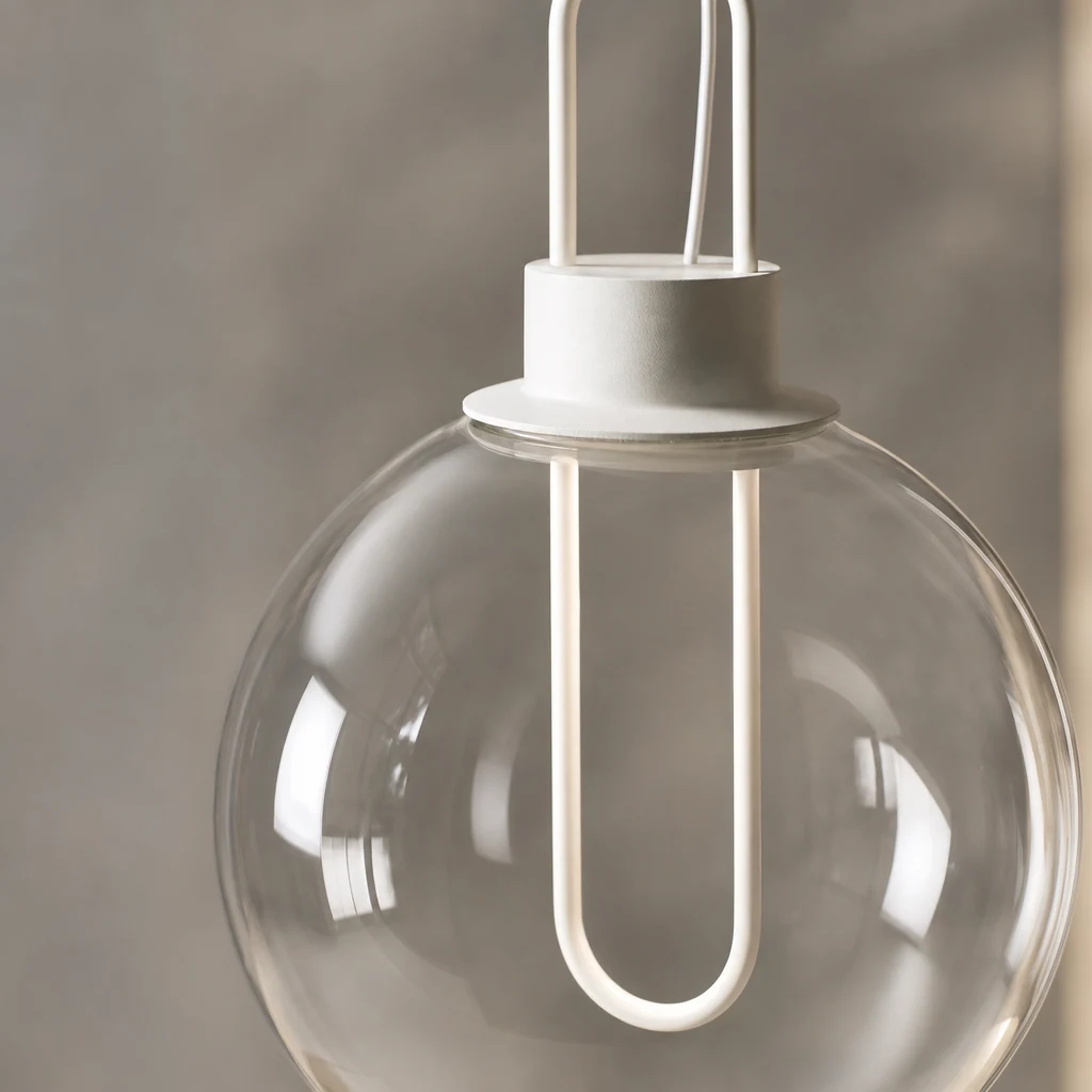 Zbliżenie lampy wiszącej w stylu Orb z przezroczystego szkła M40, szkło i metalowe wykończenie