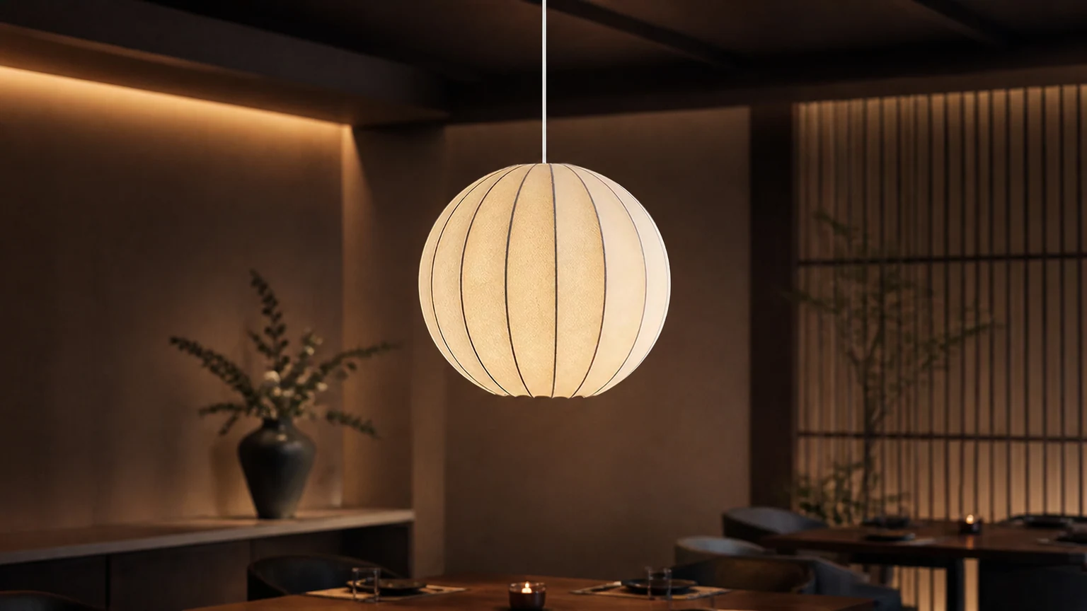 Kreatywna japońska, minimalistyczna jedwabna lampa wisząca w ciepłym wnętrzu w stylu restauracji