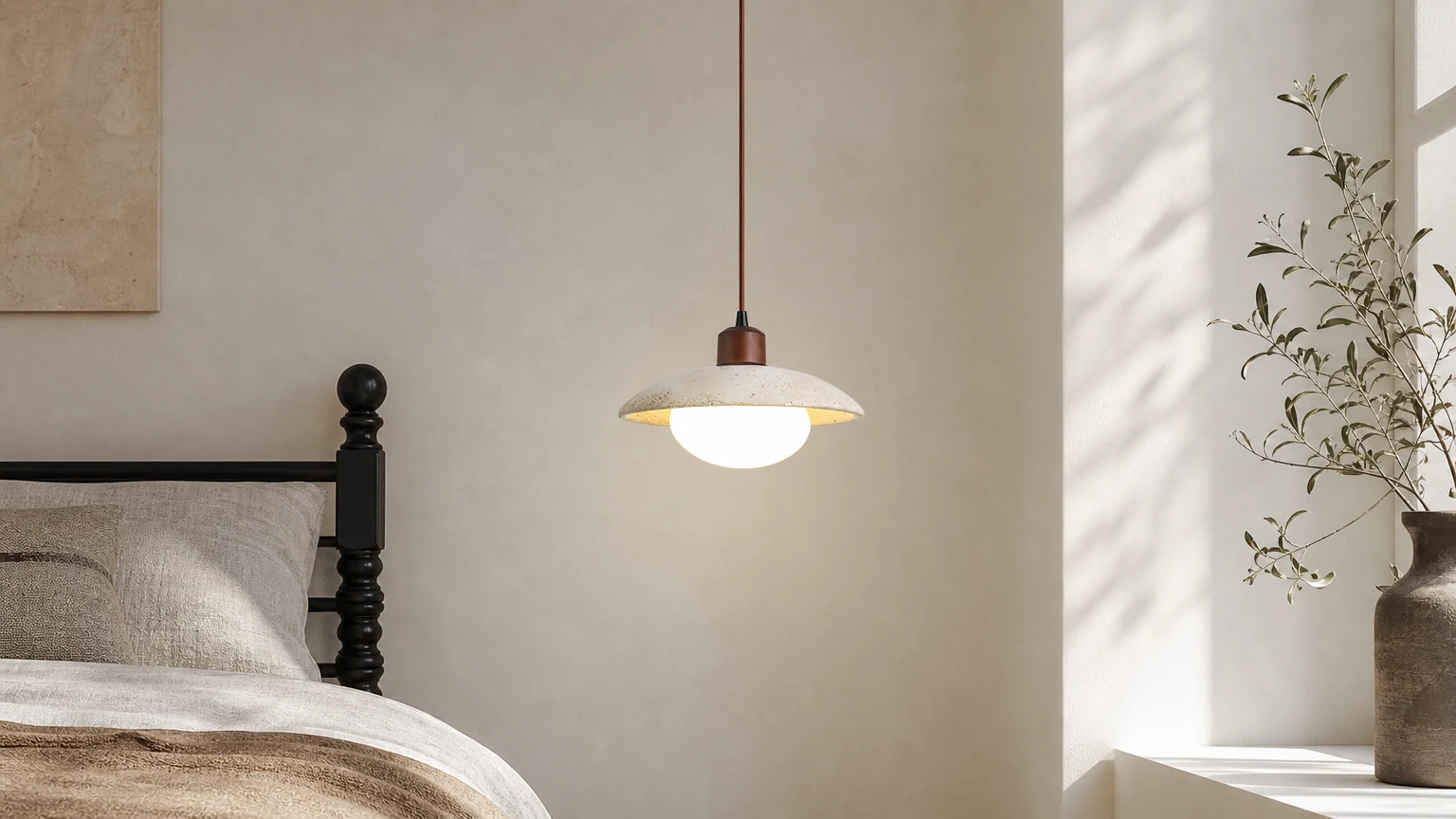 Lampa wisząca G05 z trawertynem w stylu Wabi-sabi w ciepłym wnętrzu