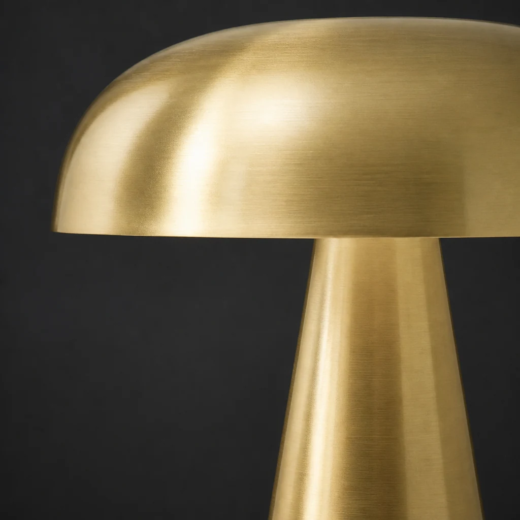 Zbliżenie szczegółów metalowego i akrylowego wykończenia lampy stołowej Amanita