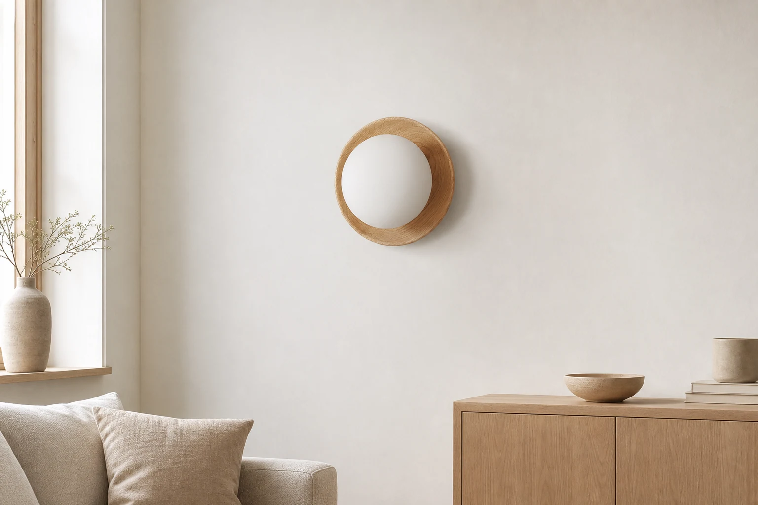 Escena de estilo de vida que muestra la lámpara de pared de madera y vidrio en contexto.