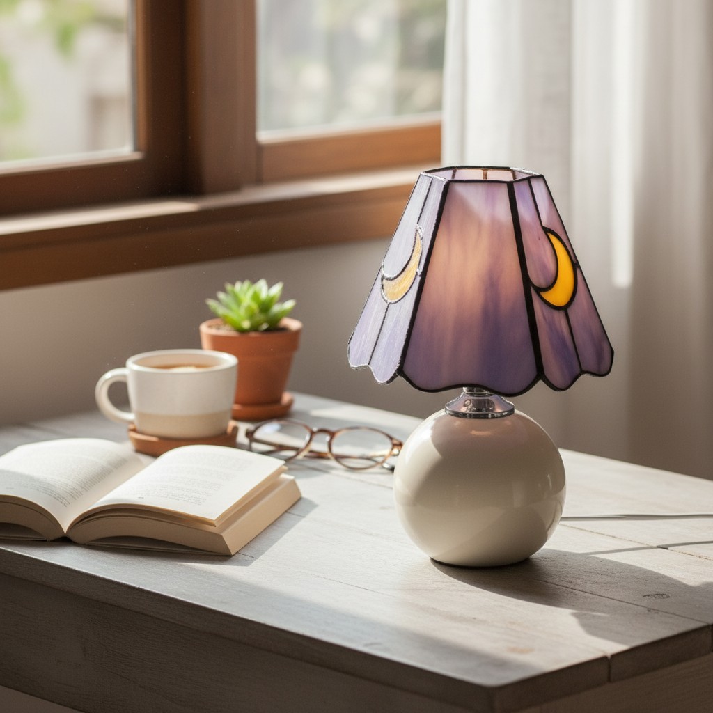 Stellum Mushroom Moon Stained Glass Table Lamp Artistic Accent Light Ceramic Base for Living Spaces T552