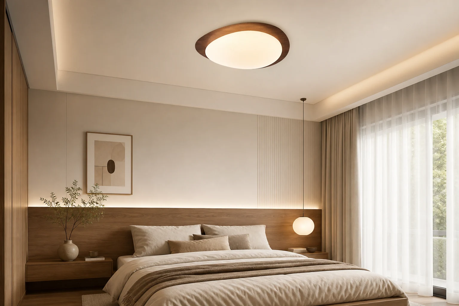 Scena w stylu życia z zainstalowaną lampą sufitową Pebble Walnut
