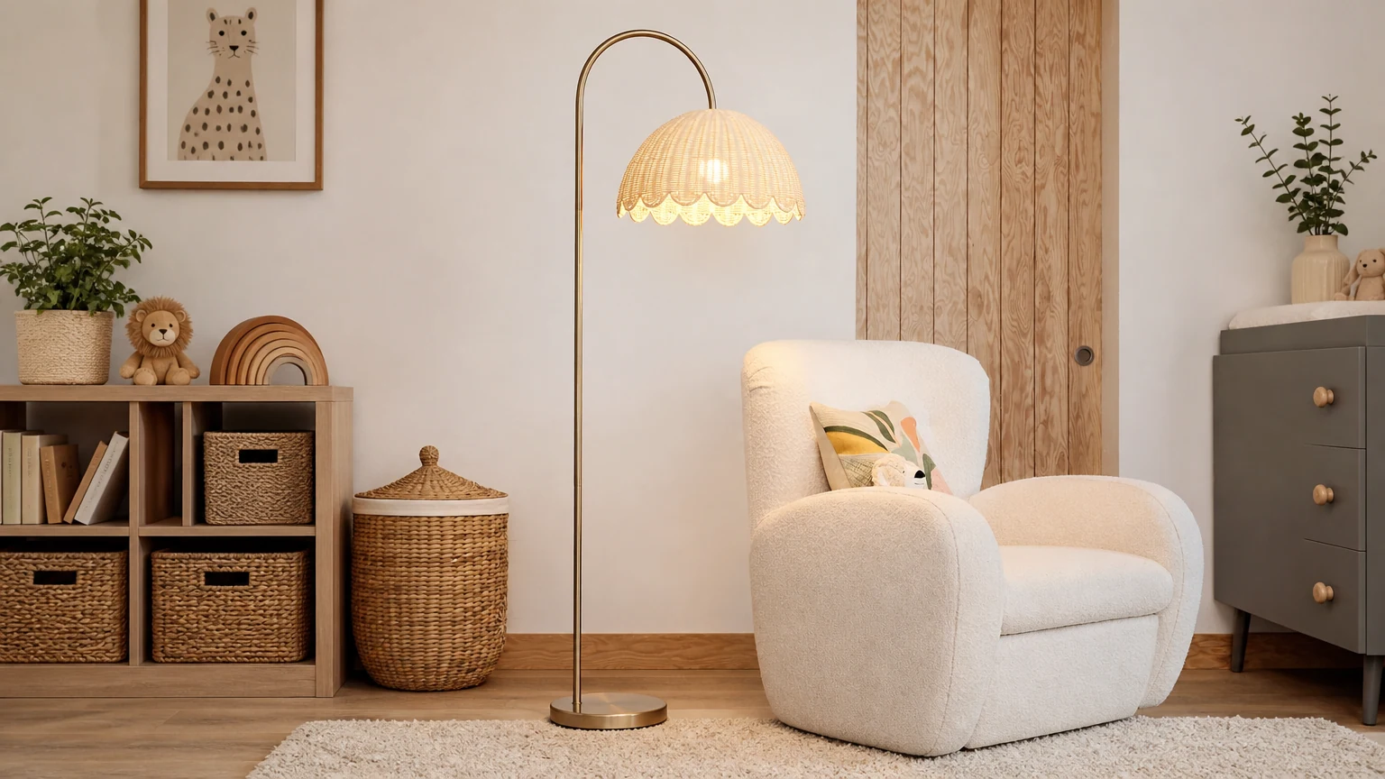 Olvara natural rattan bubble floor lamp in a warm kids room setting