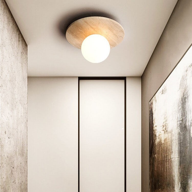 Japanese Minimalist Round Yellow Travertine Shade 1-Light Semi-Flush Mount Ceiling Light G31