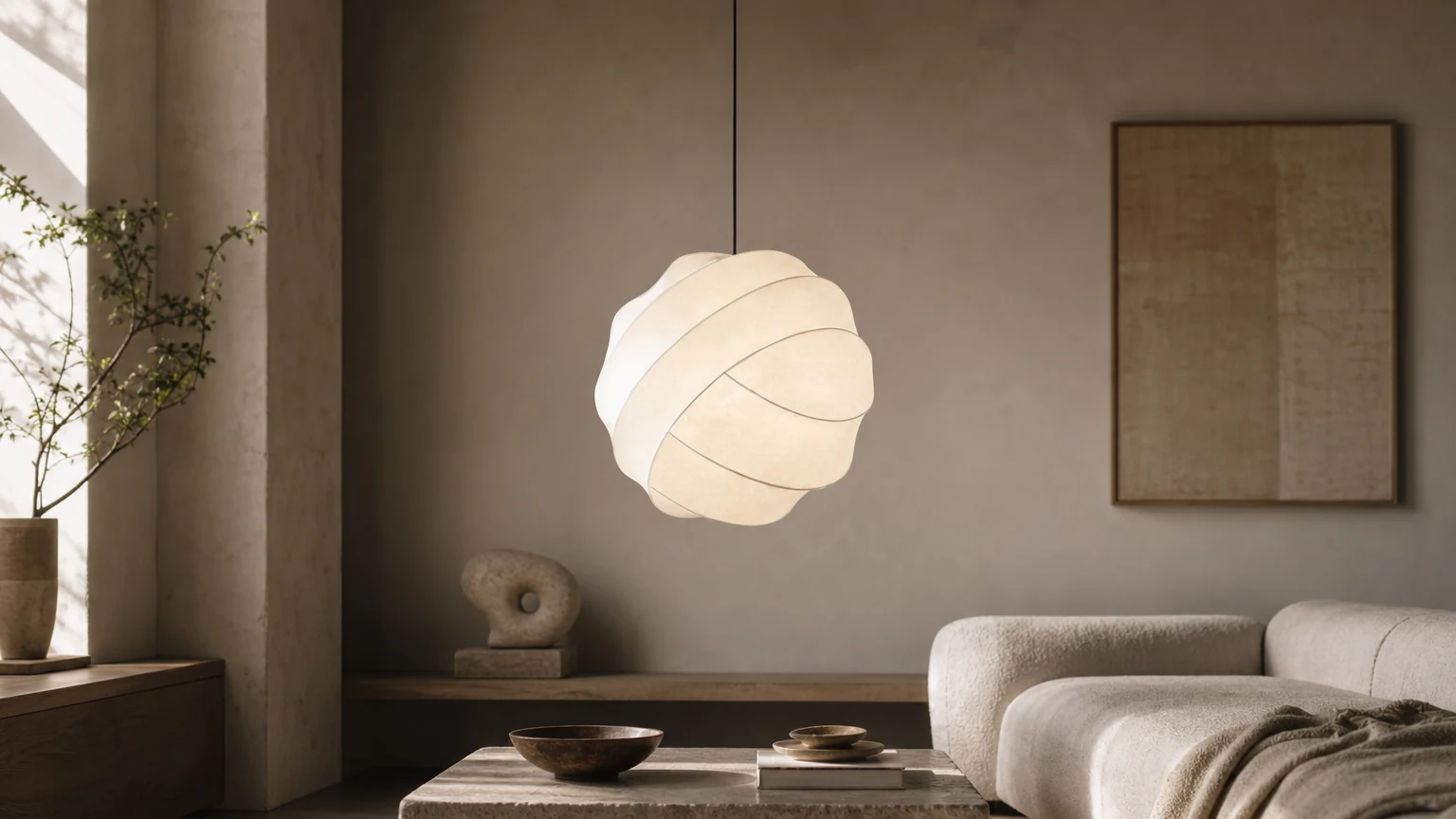 Lampa wisząca M505 Fibre Cocoon w stylu Wabi-Sabi w ciepłej scenerii wnętrza