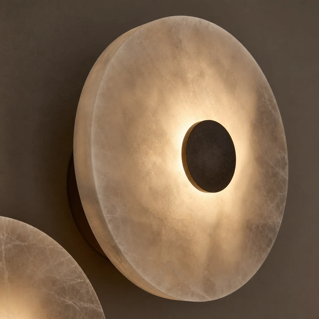Zbliżenie na alabastrowe i złote detale okrągłej lampy ściennej Creative Marble M141