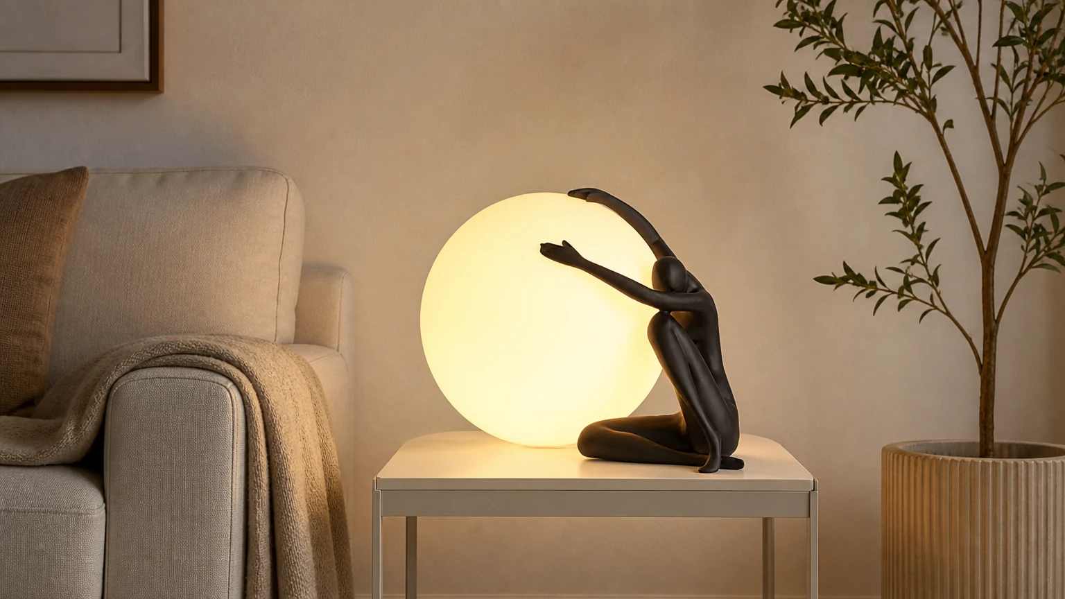 Humanoid Ball Holding Bordlampe M585 i en varm interiørscene