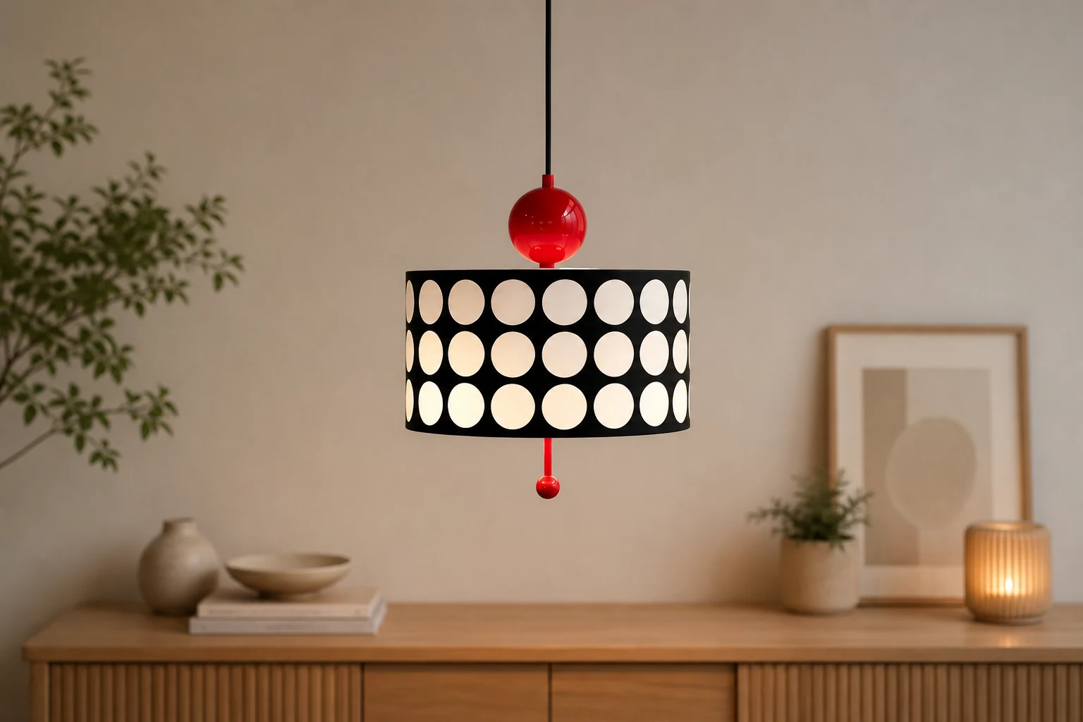 Scena lifestylowa z akrylową lampą wiszącą w kropki w kratkę