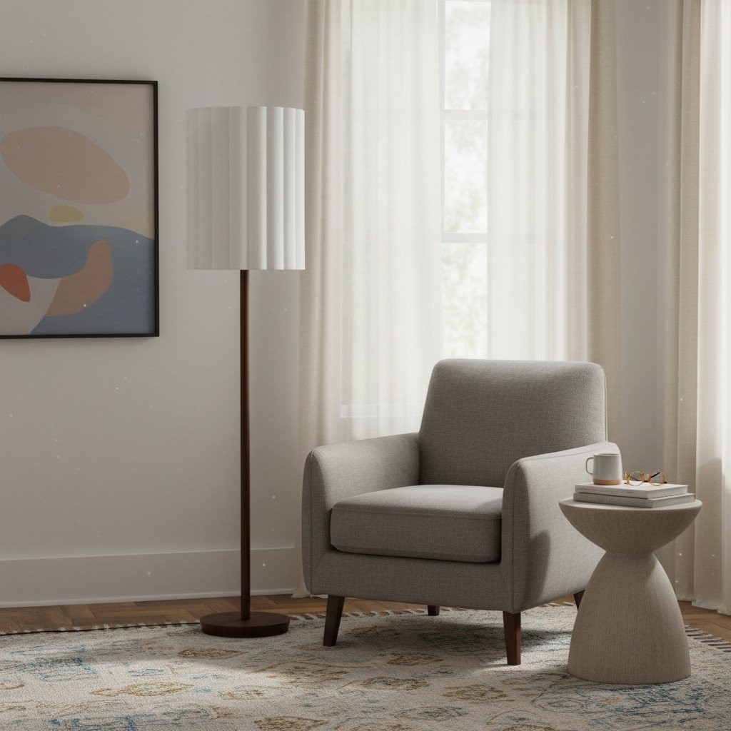 Linbron Walnut Wood Floor Lamp with Fluted Linen Shade - Modern Natural Home Decor T648