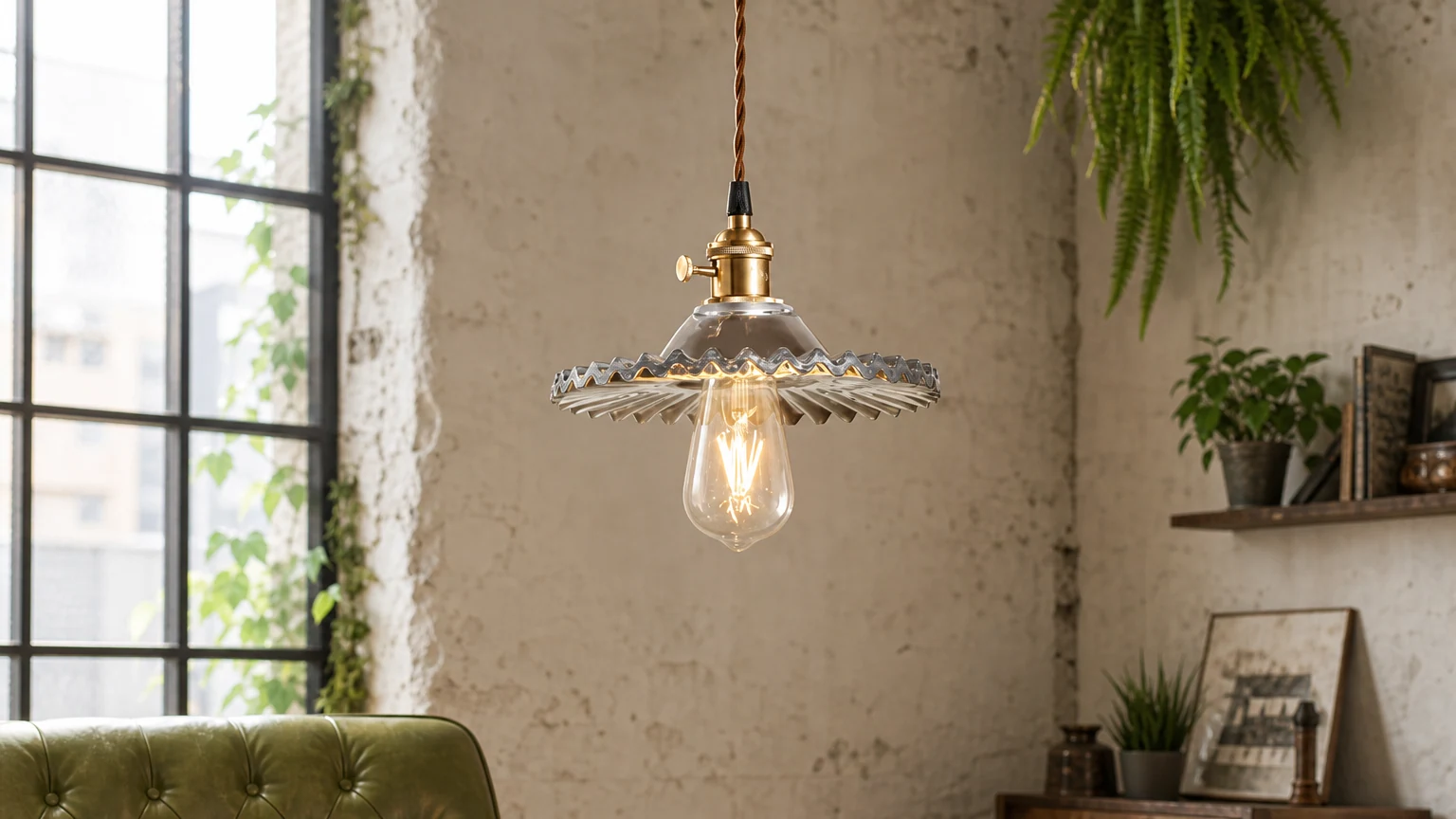 Egzotyczna szklana lampa wisząca w stylu vintage w ciepłym wnętrzu
