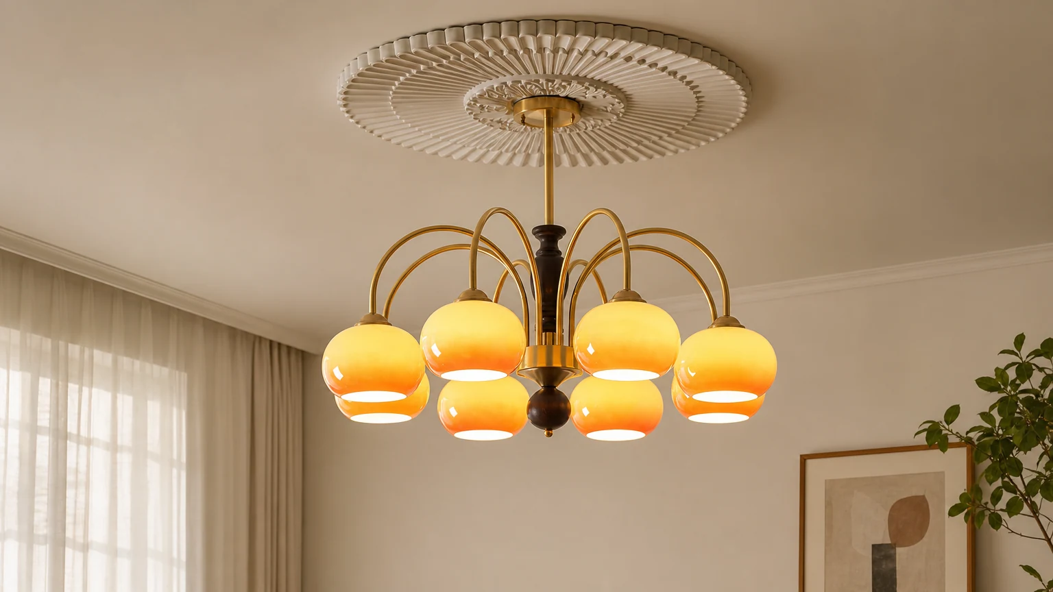 Der Retro-Bauhaus-Bogenleuchter M93 ist in einem warmen Raum installiert.