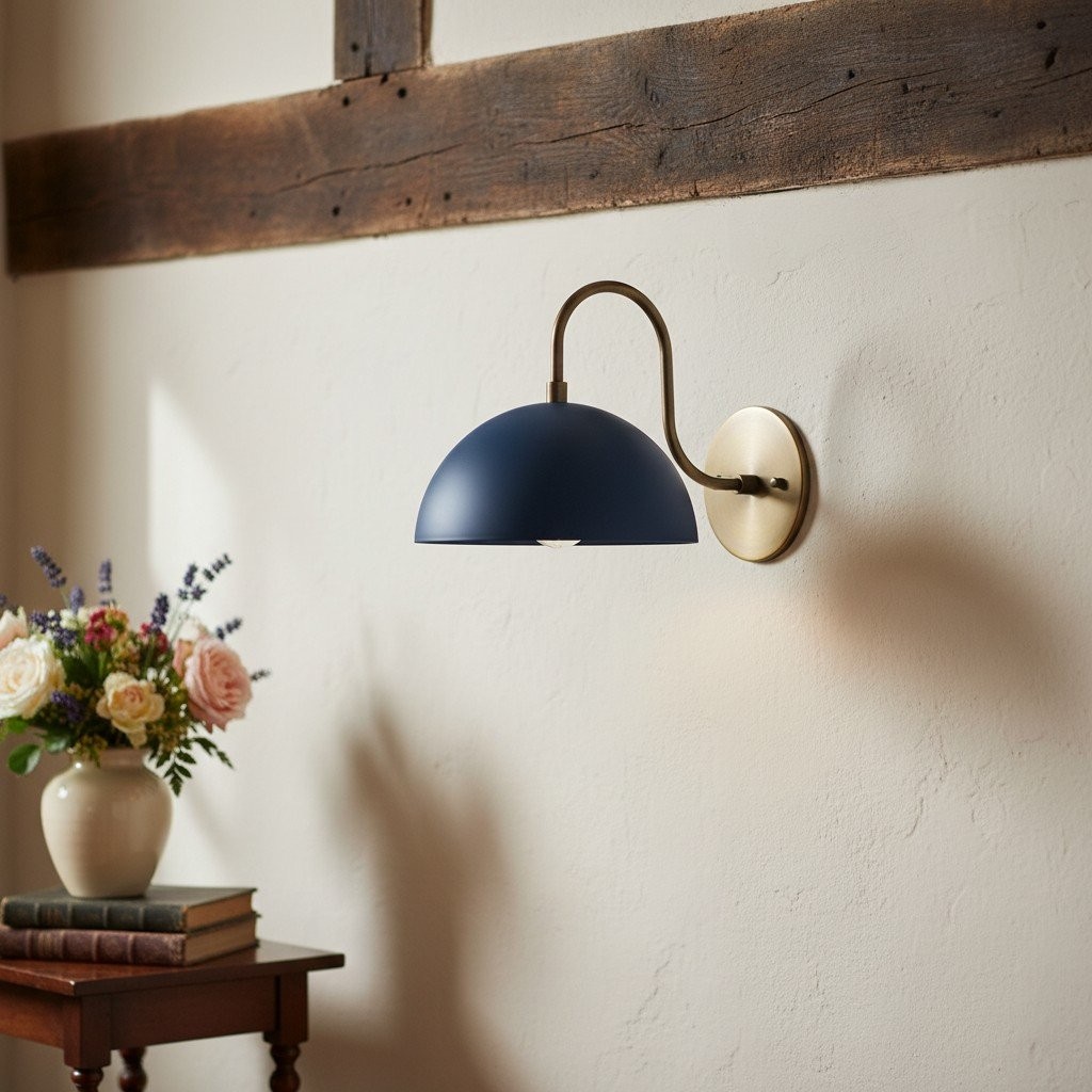 Curva Metal Industrial Wall Sconce - Curved Brass Arm - Hammered Dome Light Fixture T408