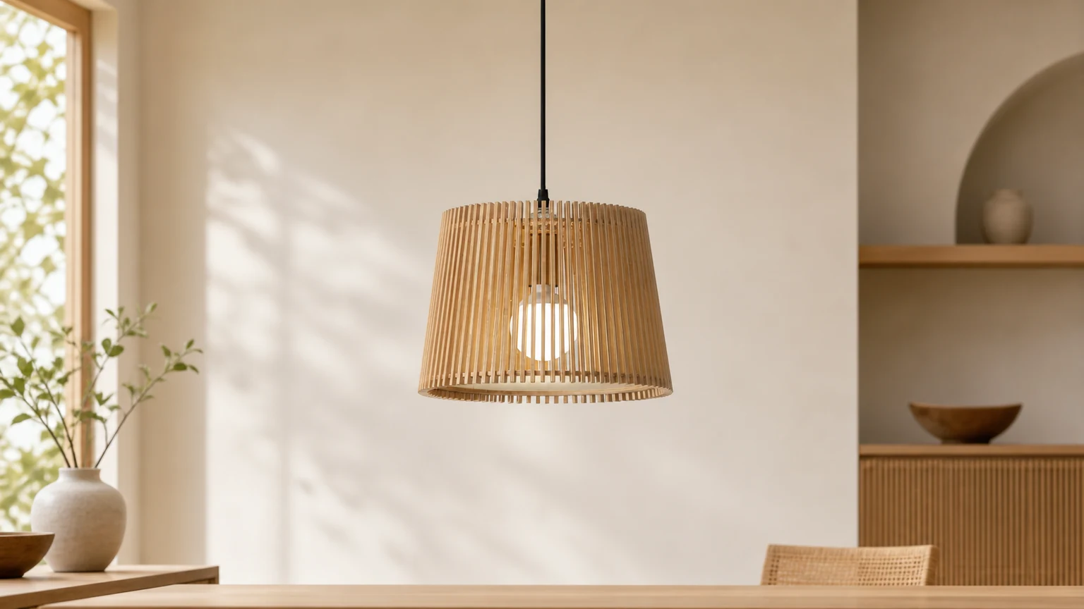 Drewniana lampa wisząca z kłodą w kolorze kłody M425 w ciepłej scenerii jadalni