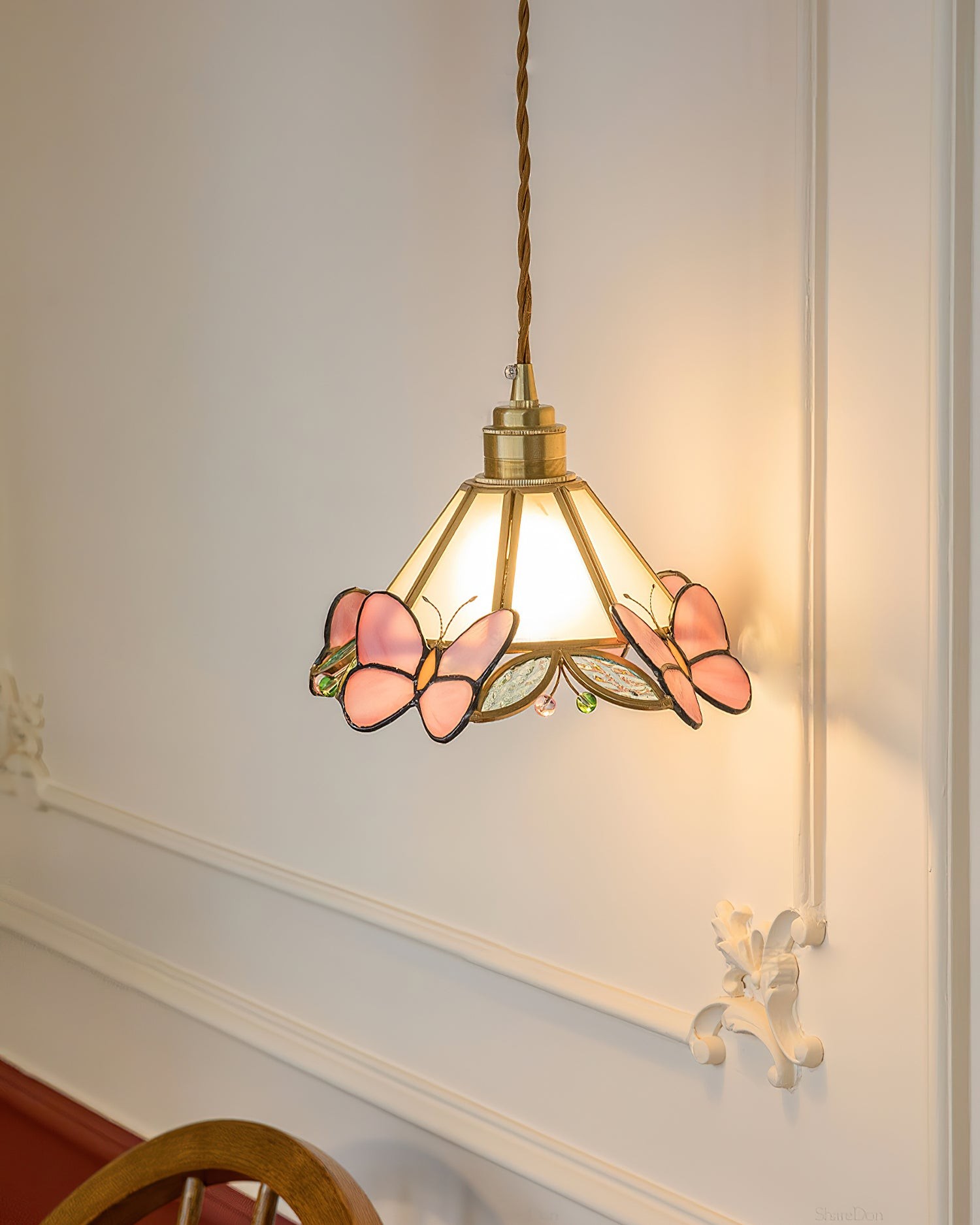 French Retro Glass Pink Butterfly Pendant Lamp M219