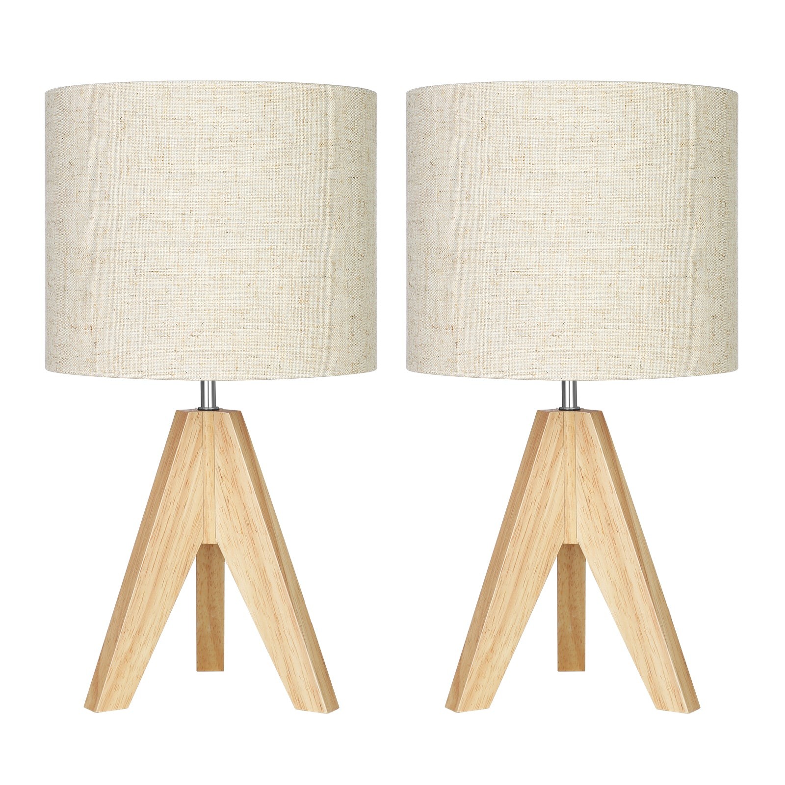 Wood Tripod Bedside Table Lamp With Grey Linen Lampshade S70