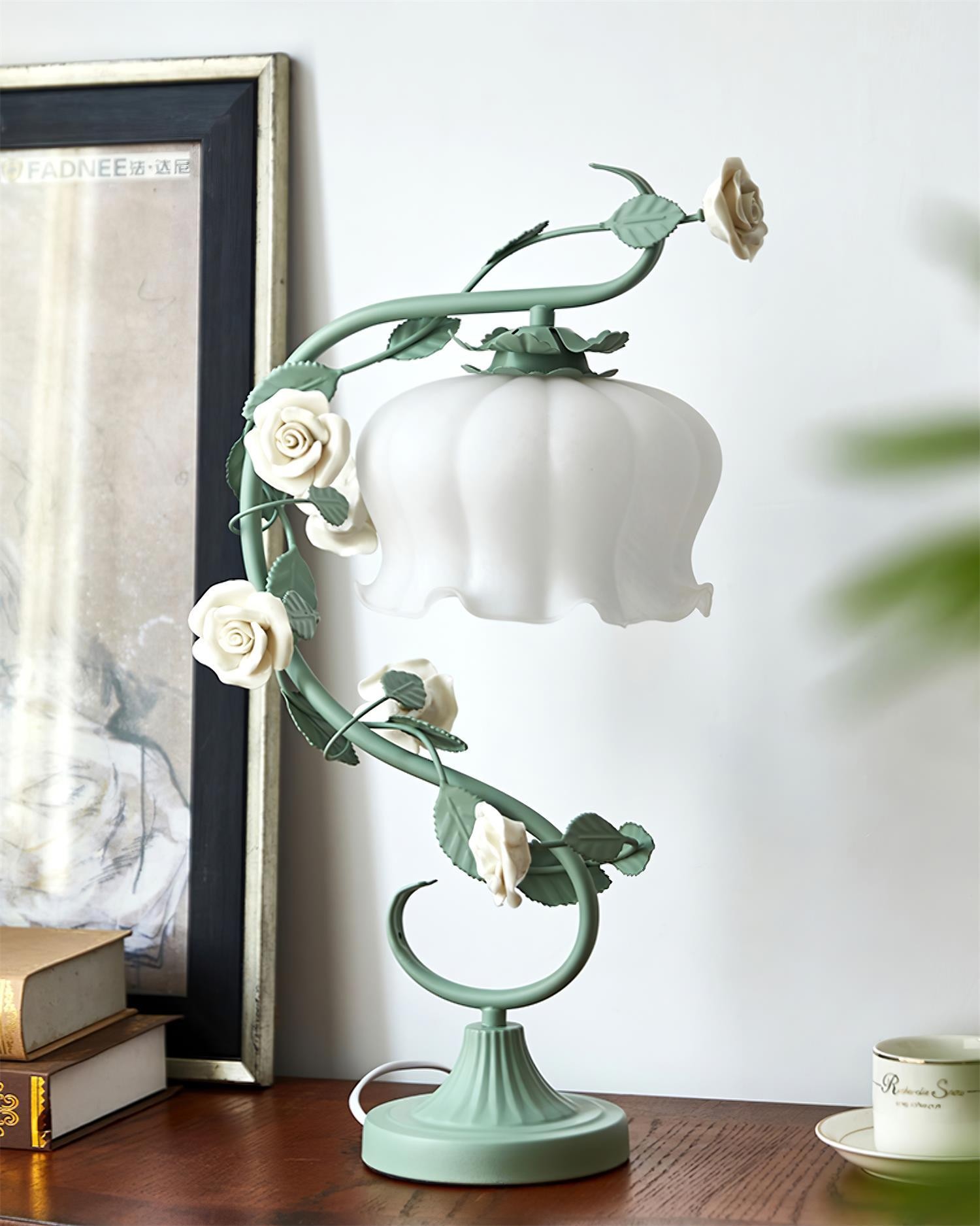 Green Pink White Rose Flower Table Lamp M209