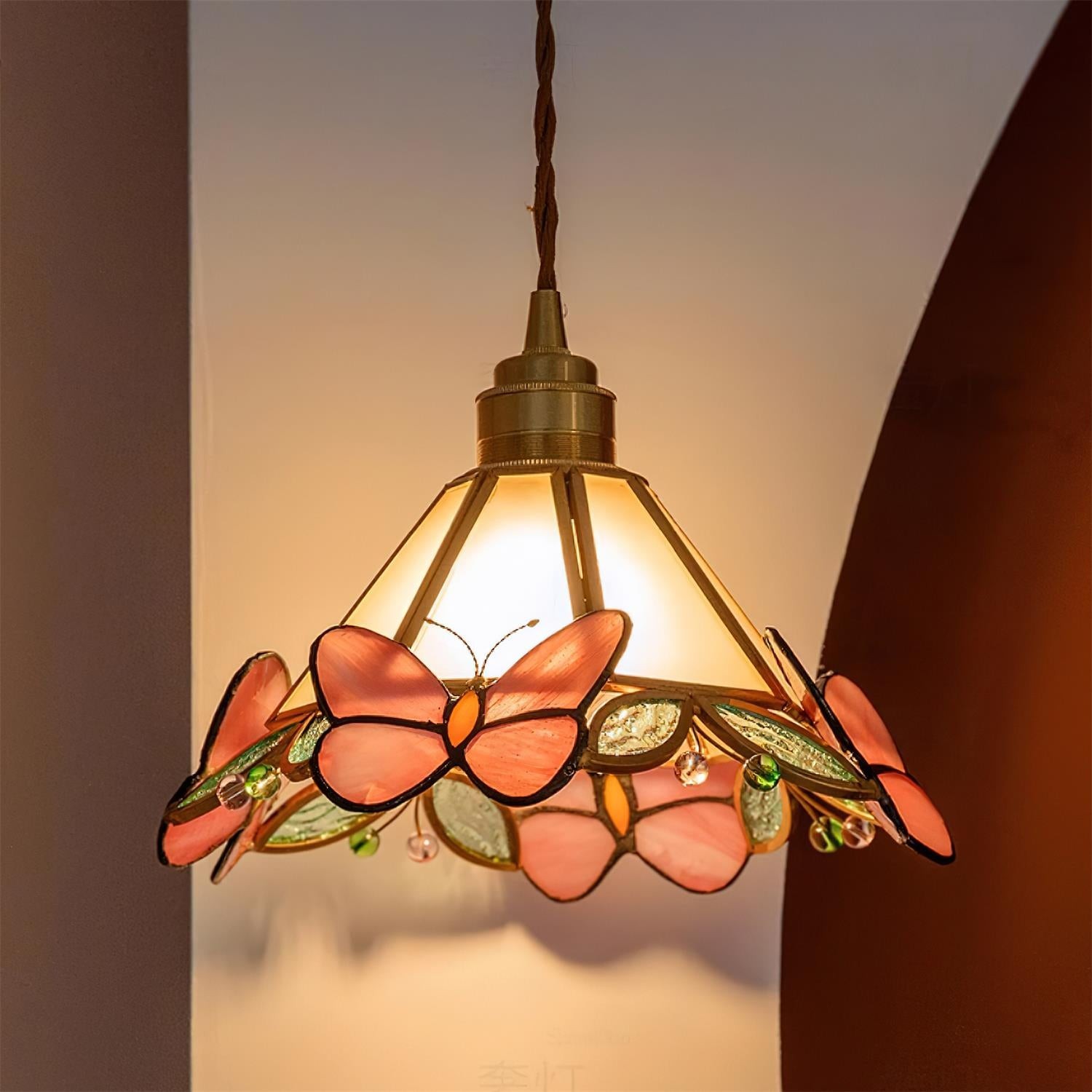French Retro Glass Pink Butterfly Pendant Lamp M219