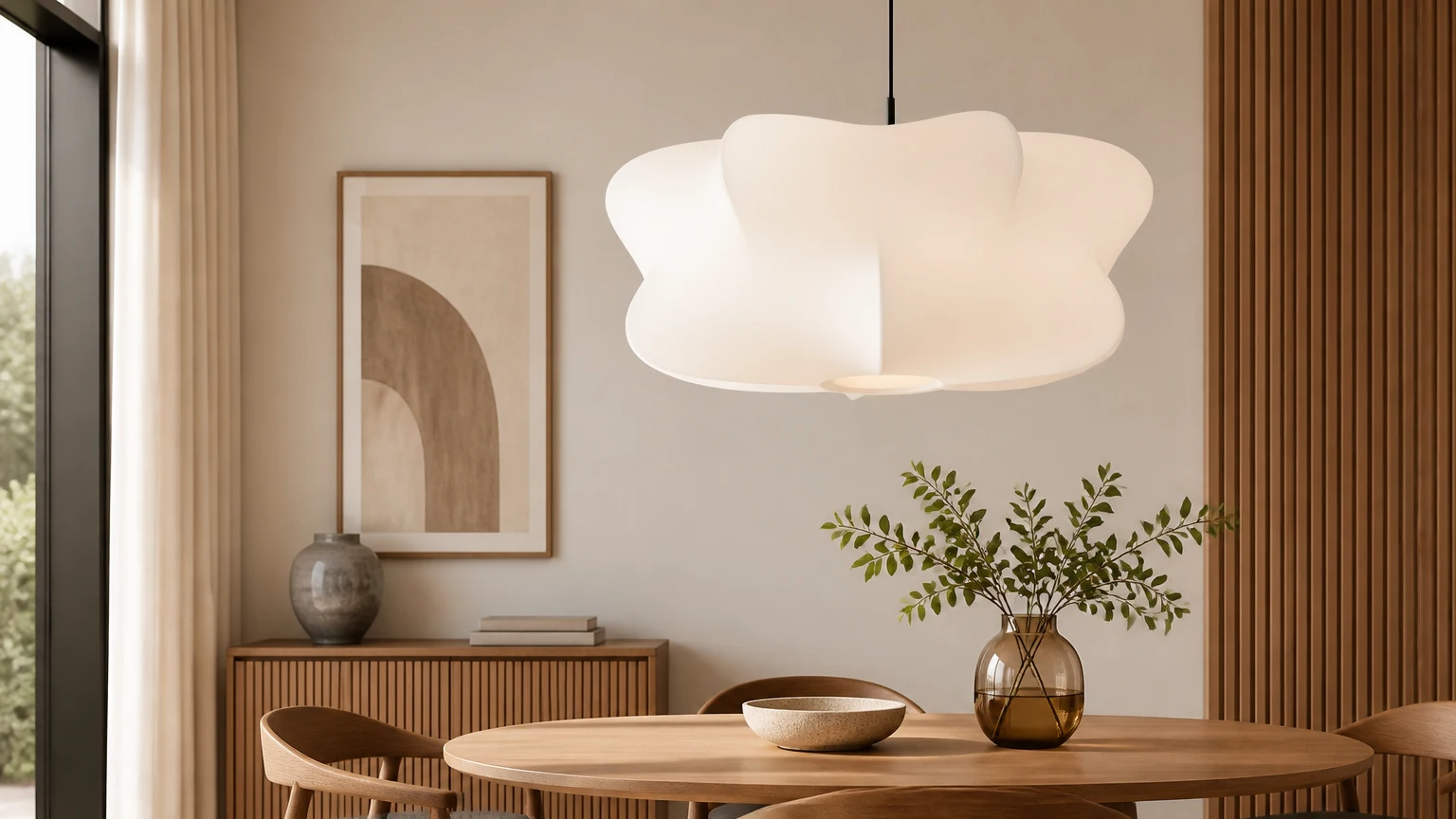 Nowoczesna biała lampa wisząca Elysia zainstalowana nad jadalnią