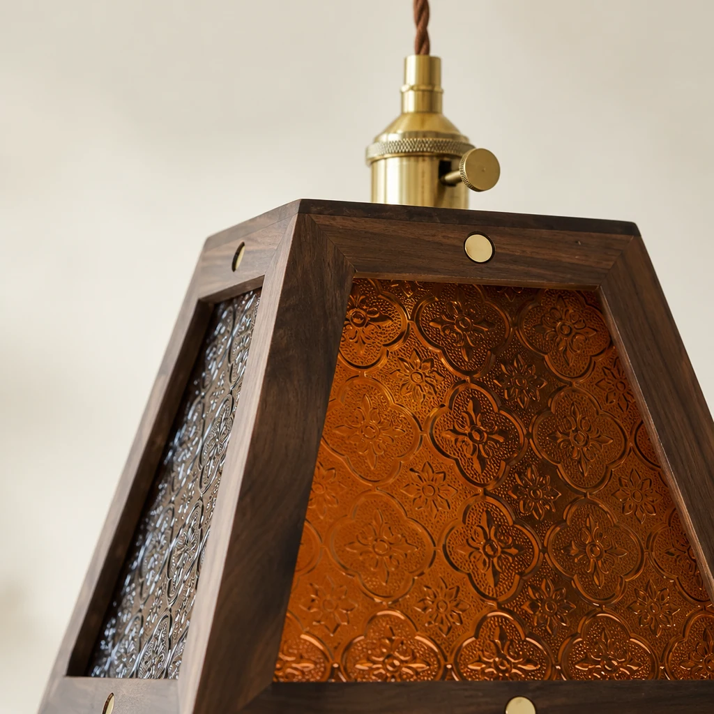 Zbliżenie na wzorzyste szkło i metalowe wykończenie szklanej lampy wiszącej Retro Pattern M399