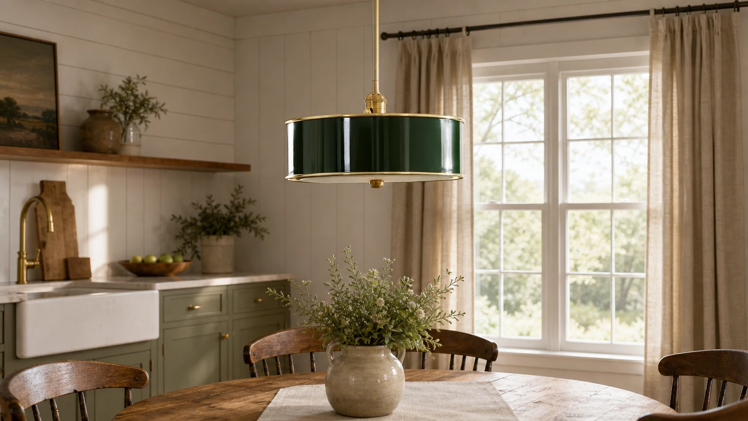 Lampa wisząca Forvara z zielonym metalowym bębnem zainstalowana nad jadalnią
