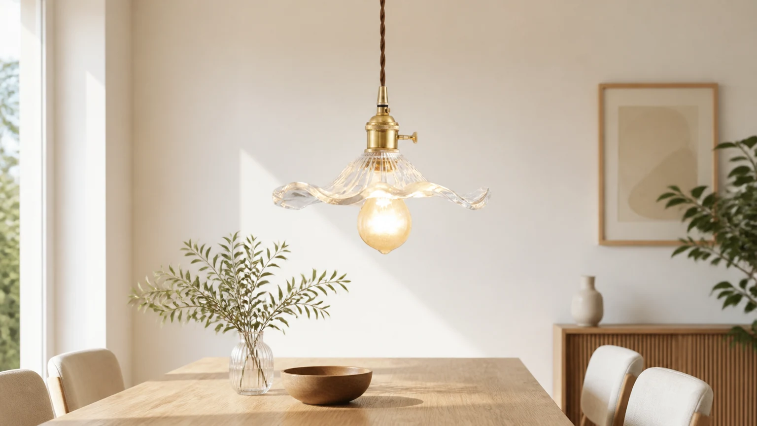 Szklana lampa wisząca S104 w stylu retro z kwiatem hibiskusa w ciepłym wnętrzu