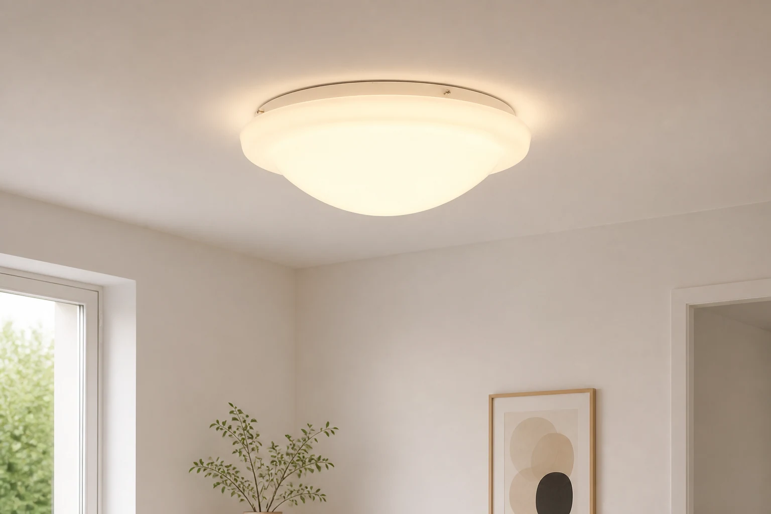 Lampa sufitowa LED z białego szkła, pokazana w pomieszczeniu lifestylowym