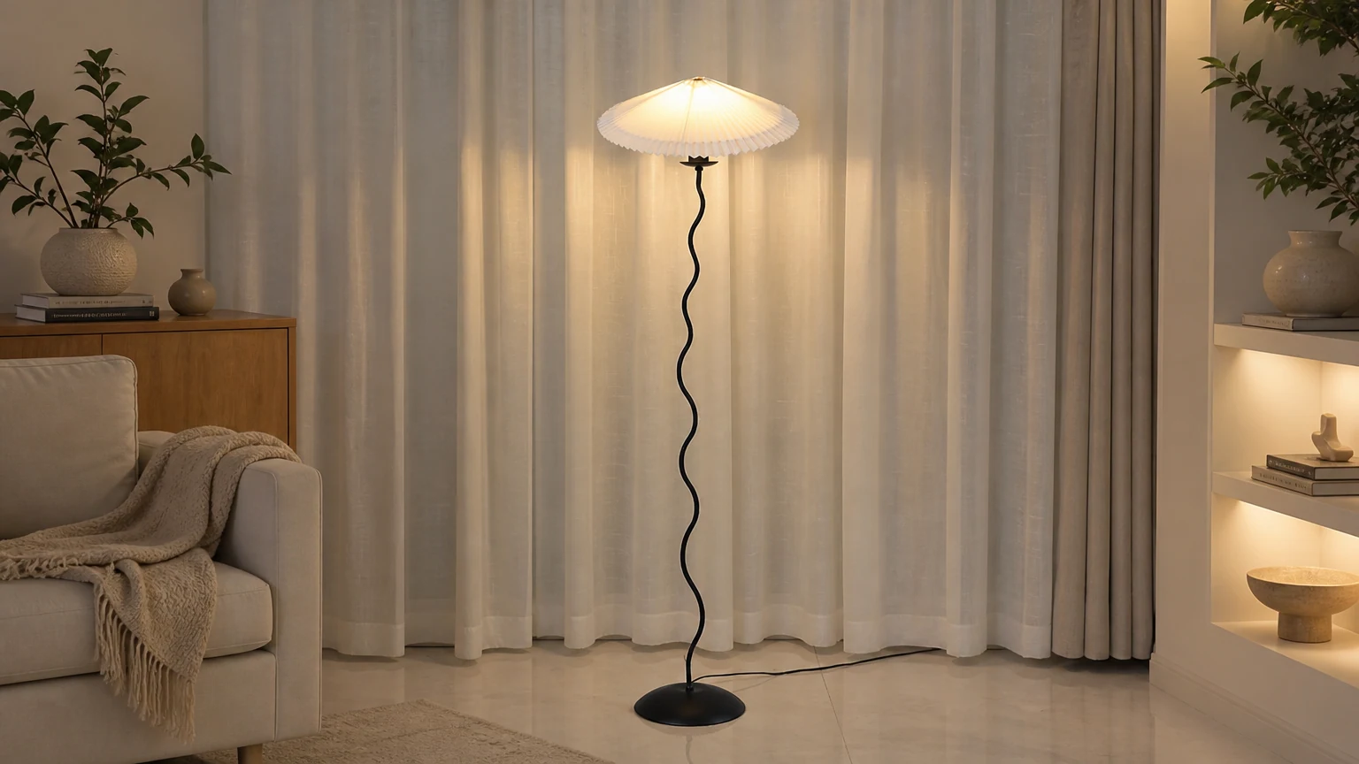 Ekskluzywna lampa podłogowa Waveform w stylizowanej scenie salonu