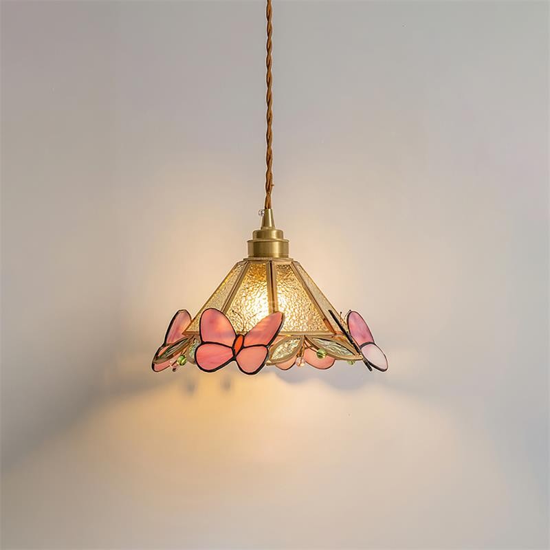French Retro Glass Pink Butterfly Pendant Lamp M219