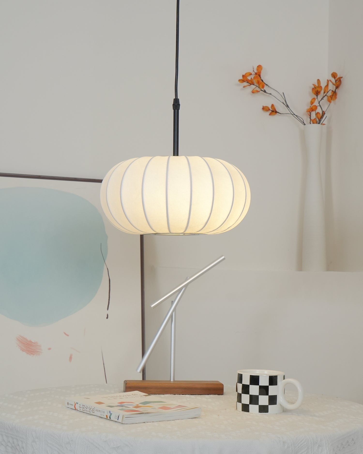 Simple Wabi-sabi White Lantern Fabric Pendant Lamp M105
